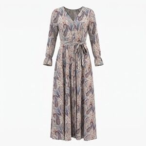 Indigo Rose L/S Lined Midi Dress Paisley Red/White/Blue Sz S Classic Americana